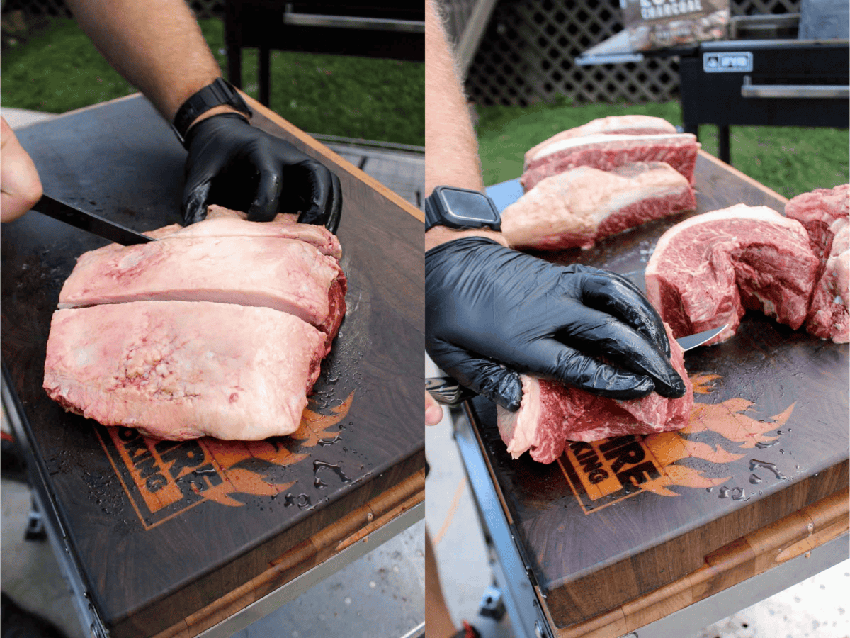 The thick cap steaks are prepped for grilling over the fire, sliced into steaks with a sharp knife.