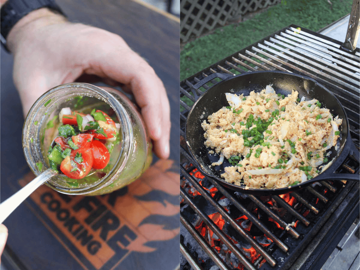 The salsa for the Brazilian Style Picanha is prepared in a Mason jar and the egg farofa cooks in a cast iron pan.