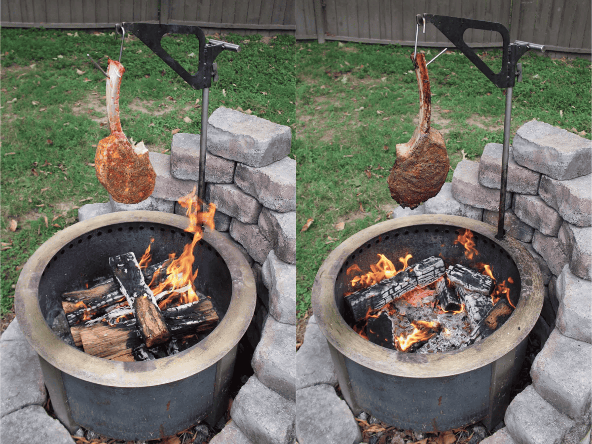 Two photos showing the steak during the cooking process, hanging over an open Breeo fire pit