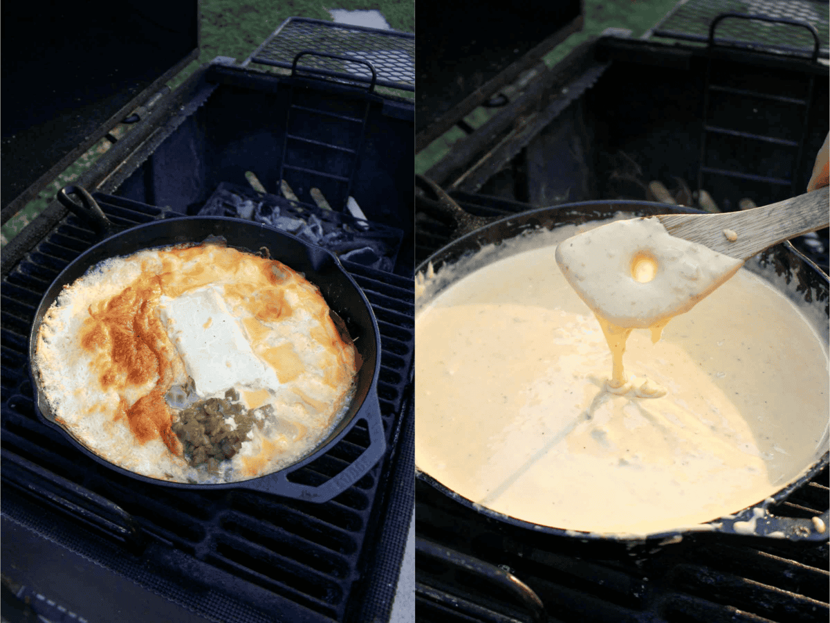 Showing the smoked beer cheese after it's been sitting on the smoker and has melted and is mixed.