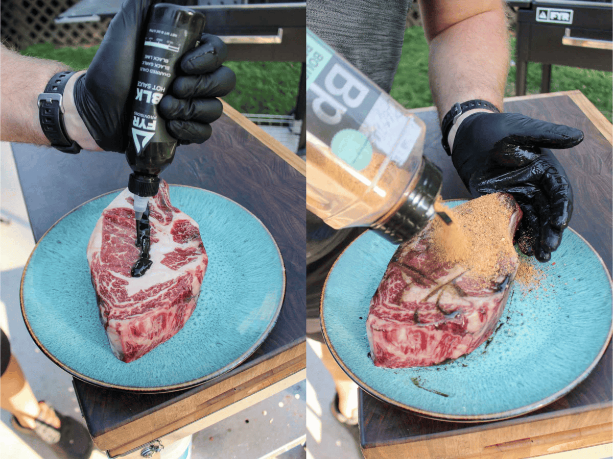 Seasoning ribeye steaks