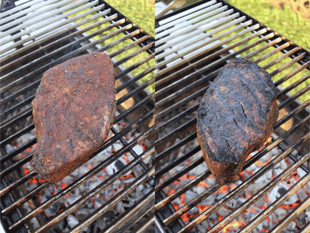 Grilling ribeye steaks for surf and turf sliders