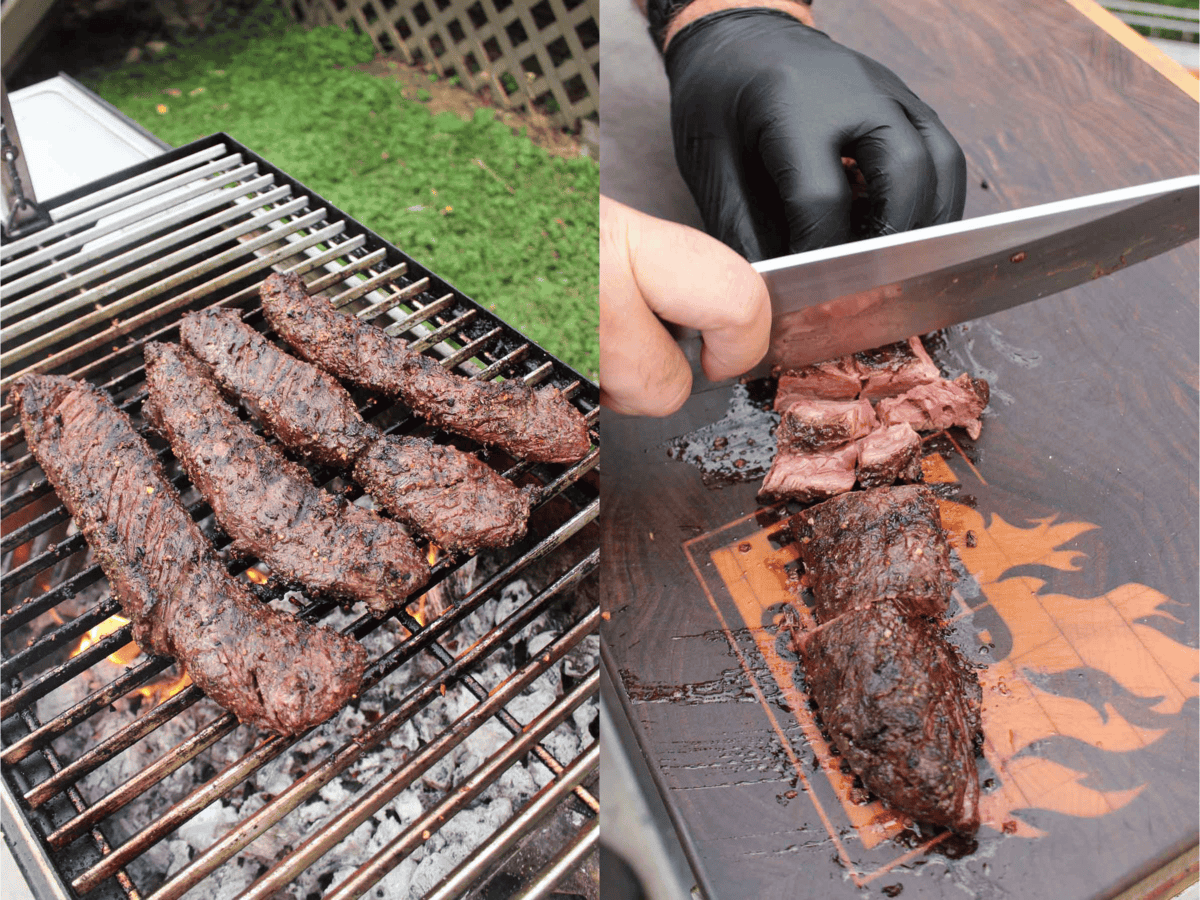 Grilled hanger steaks and then slicing them against the grain. 