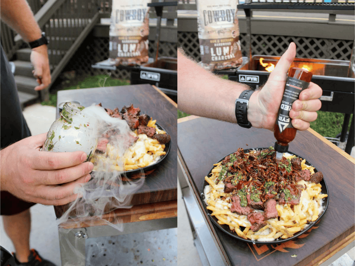 Assembling cheese fries with chimichurri steak