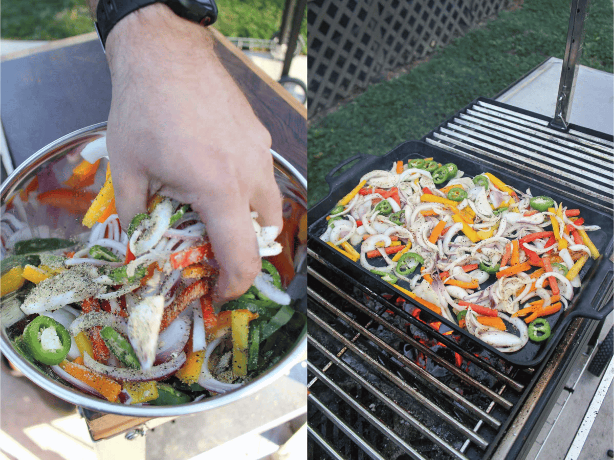 The fajita mixture of veggies is prepared and grilled. 