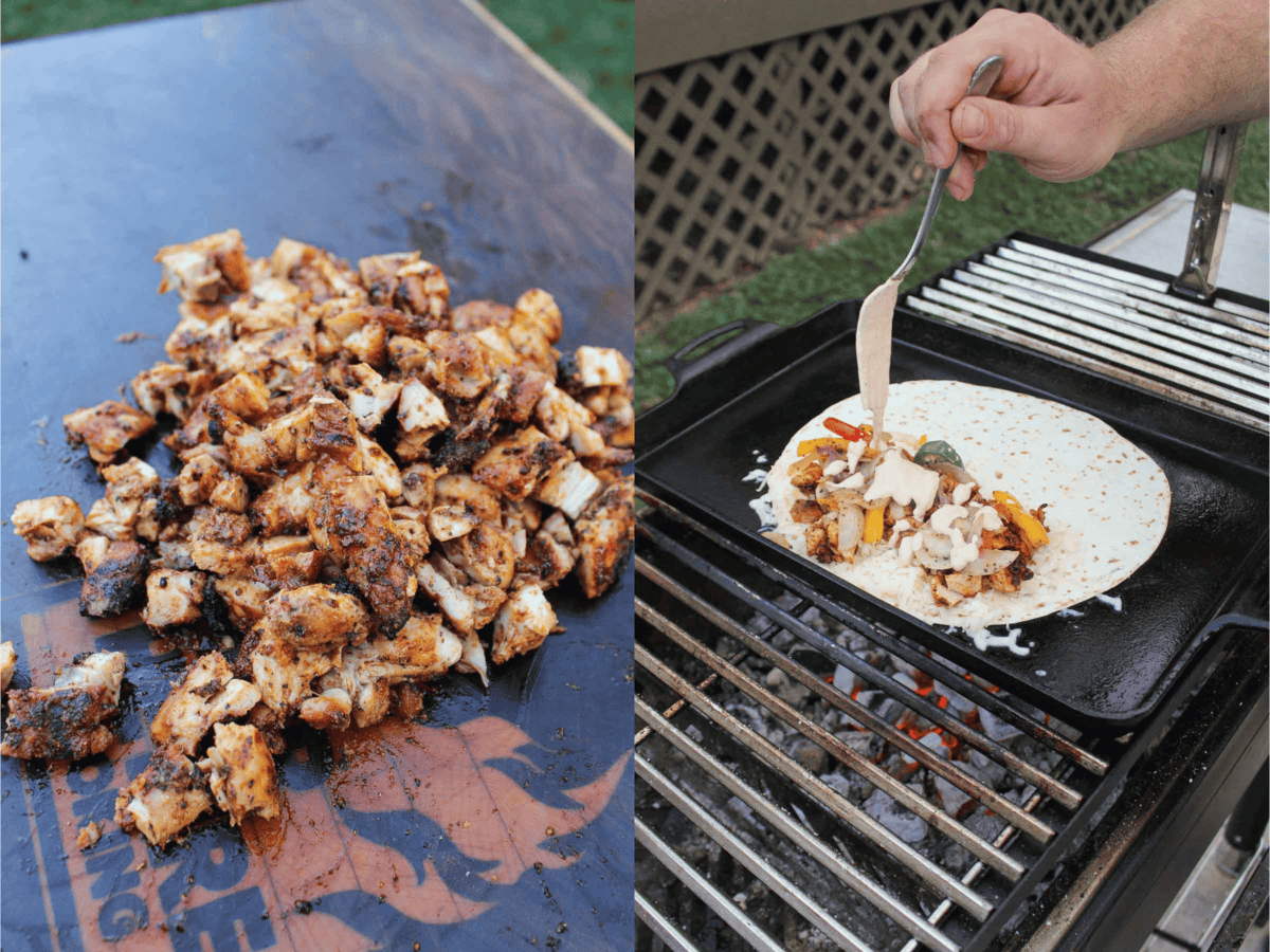 The chopped chicken is layered over the flour tortilla on the grill. 