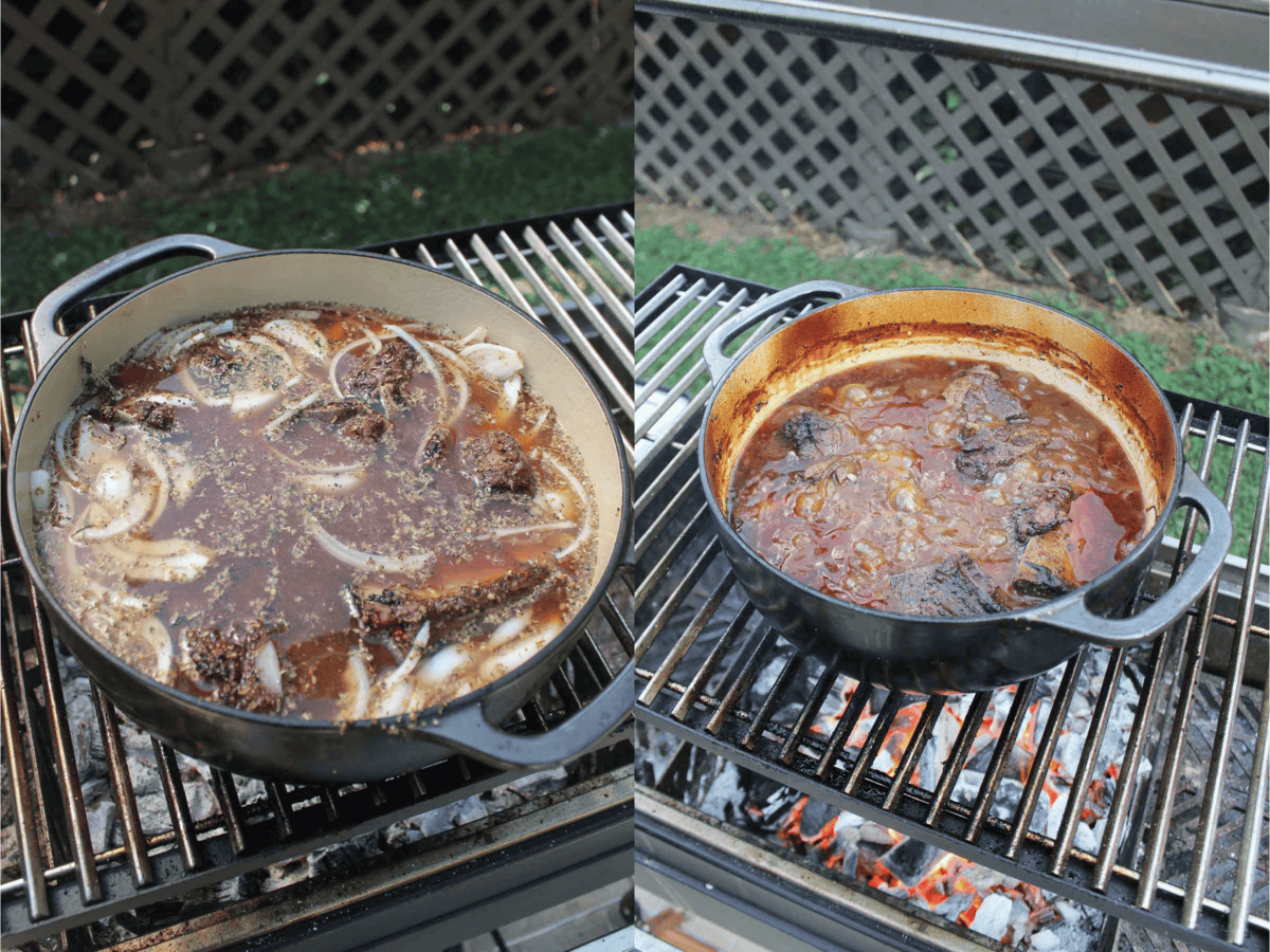 The beef is braised in a savory beef stock liquid. 