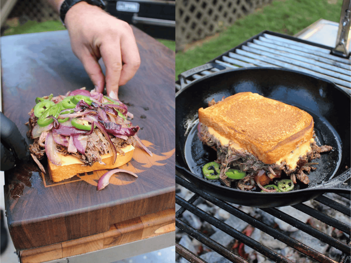 The beef patty melt is assembled and toasted. 