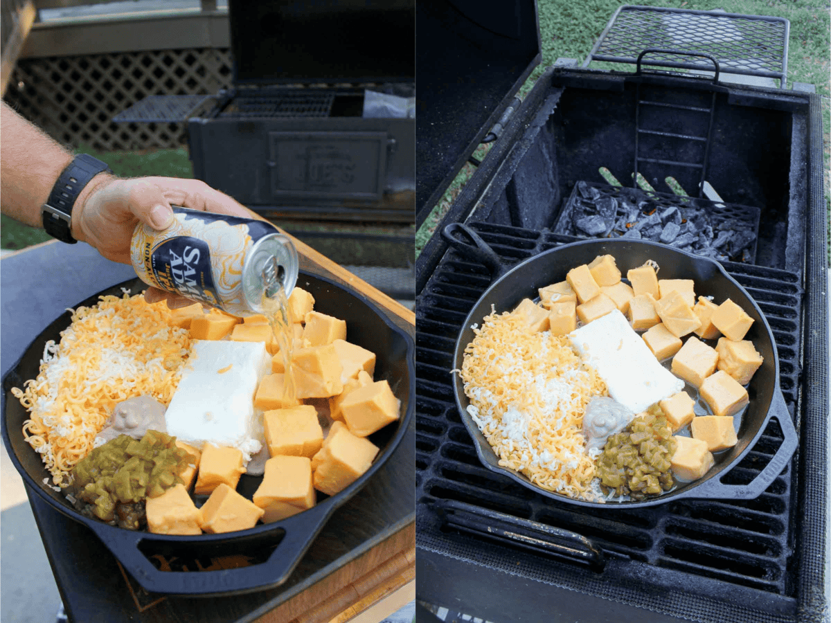 Adding all the smoked cheese ingredients to a cast iron and then adding it to the smoker so it can begin to melt.