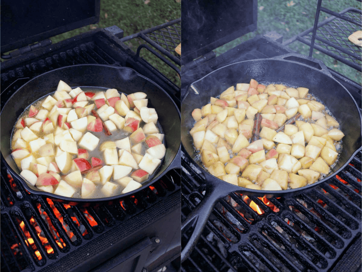 Apples simmering on a grill with lemon juice, apple cider and water for applesauce