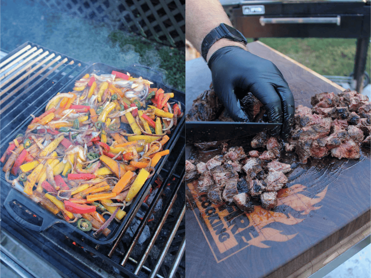 In this photo, Derek watches over the sizzling grill, packed with fajita veggies on the left. On the right, he slices the steak on his cutting board with a very sharp knife.