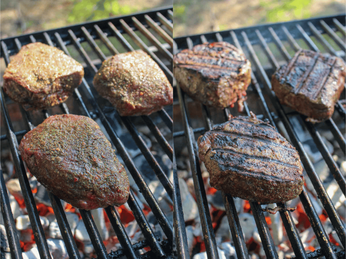 Progress photos of grilling seasoned steak filets