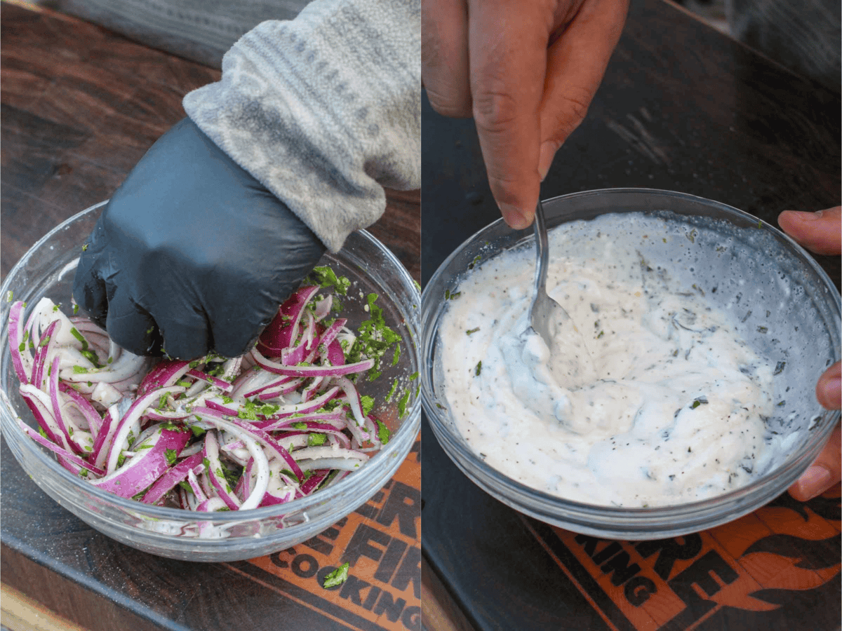 The red onion salad and the creamy mint yogurt sauce perfectly complement the tasty lamb dinner.