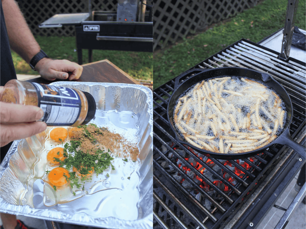 Prepping the egg wash and then the French fries in a cast iron skillet frying.