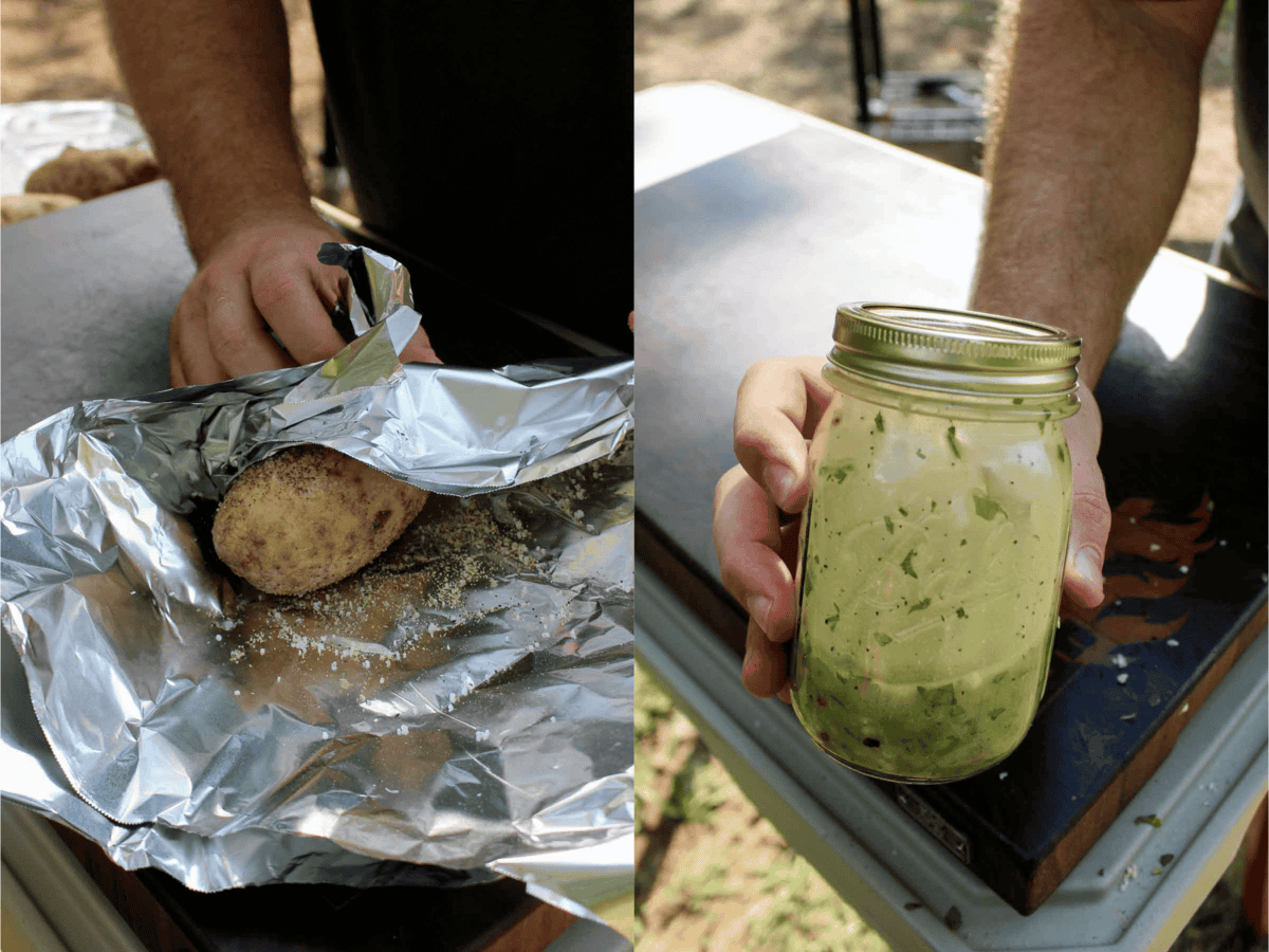 Wrapping Russet potatoes in foil for grilling and mixing together ingredients for chimichurri butter in a mason jar