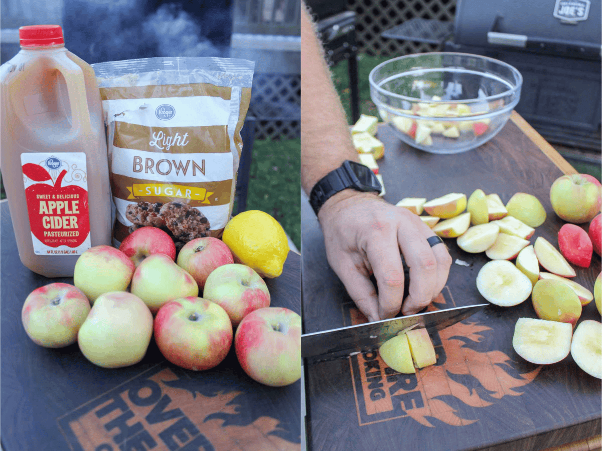 Peeling and cutting apples for applesauce with applesauce ingredients like brown sugar, apple cider and lemon