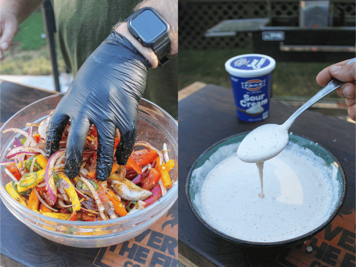 Derek seasons the fajita veggies before they go on the grill on the left. On the right, he shows off the lime chipotle sauce made with FAGE sour cream.