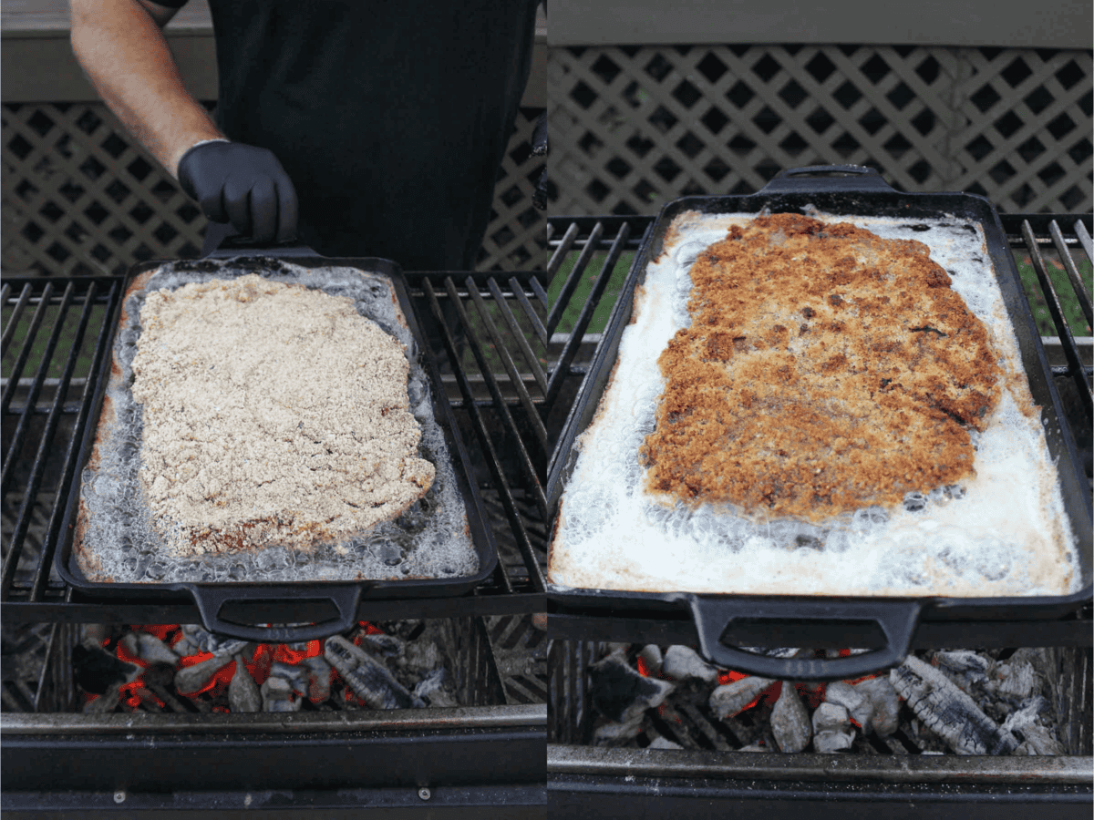 Shallow frying the top sirloin for milanesa with fries