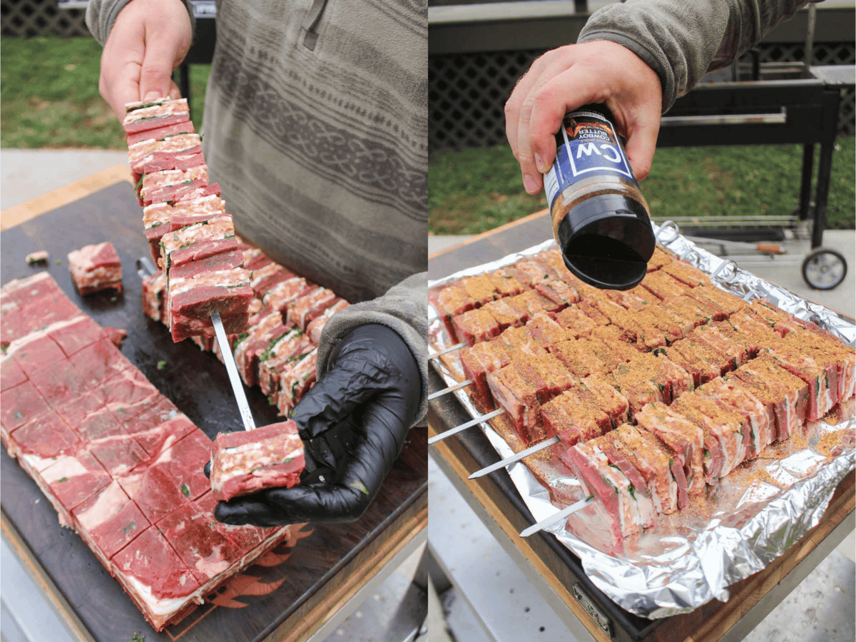 After the meat, sausage, and bacon is fully layered and frozen, it's cut into 2 inch squares ready for skewering and seasoning.