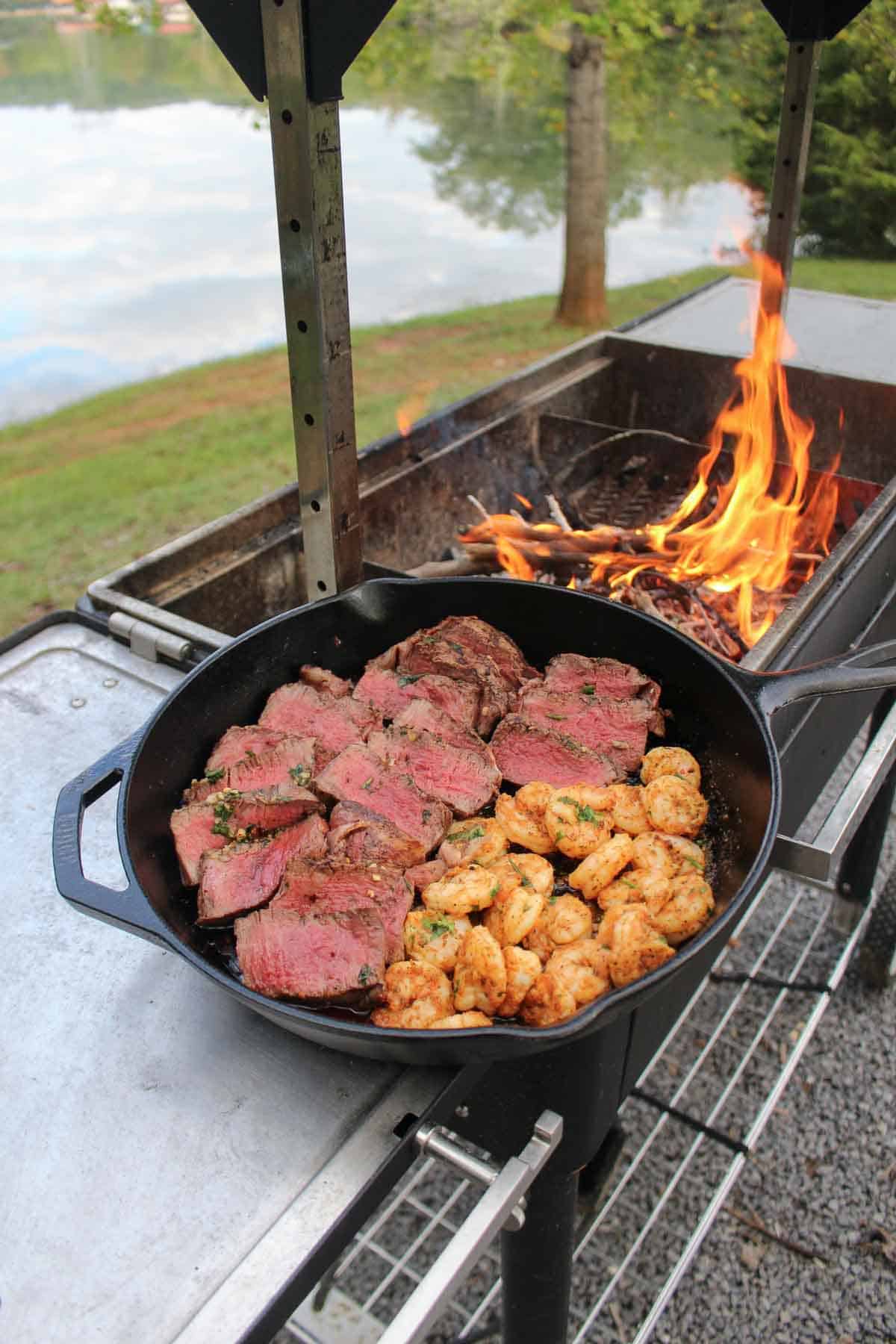 Cowboy Butter Steak and Shrimp in the skillet are ready to eat!