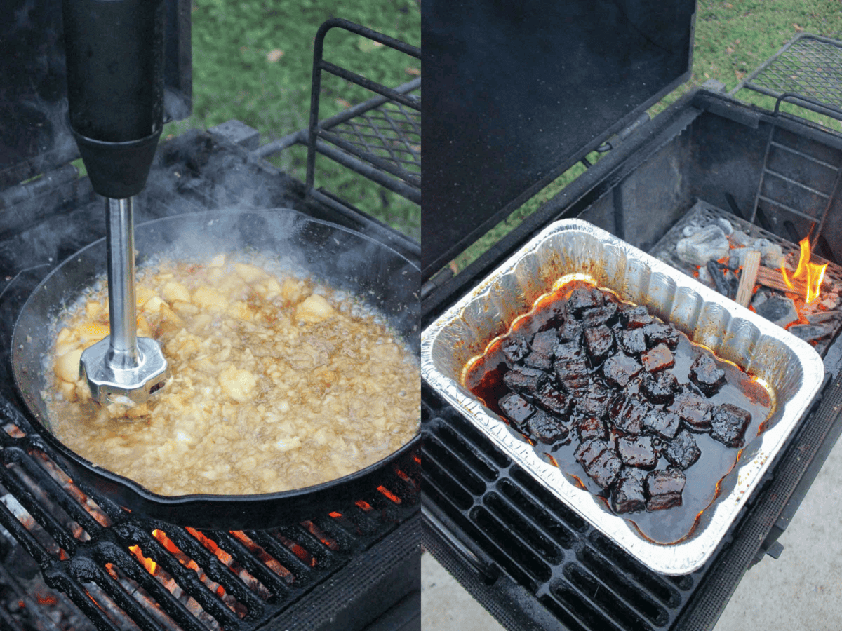 Mashing apples into applesauce and cooking smoked pork belly burnt ends in an aluminum foil pan for smoked pork belly burnt ends with applesauce recipe