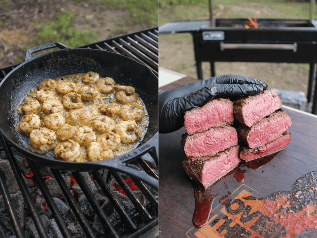 Seasoned cooked shrimp in a cast iron skillet and steaks cut in half to reveal the pink center