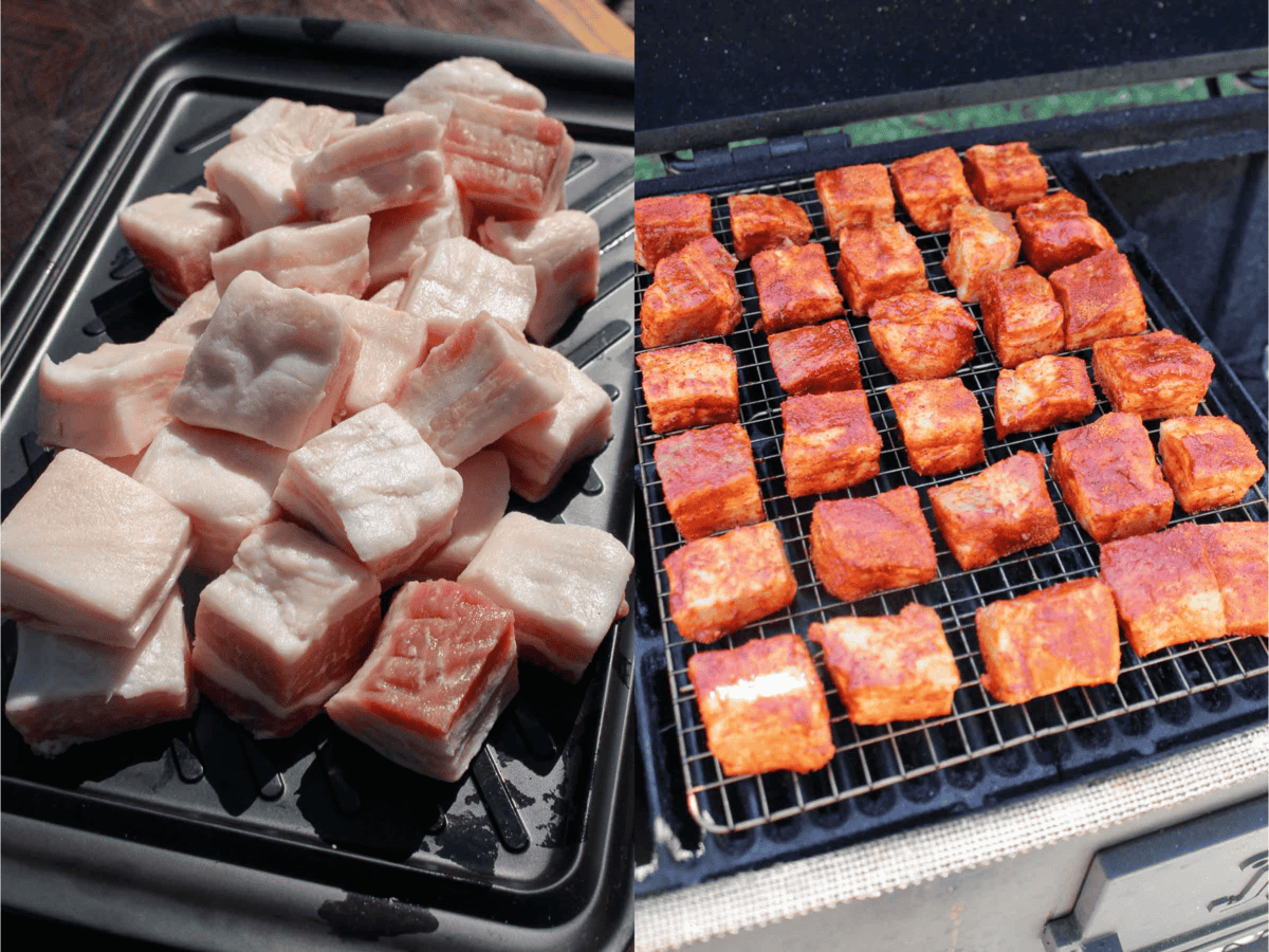 Raw pork belly cubes and seasoned pork belly cubes on a wire rack ready to grill 