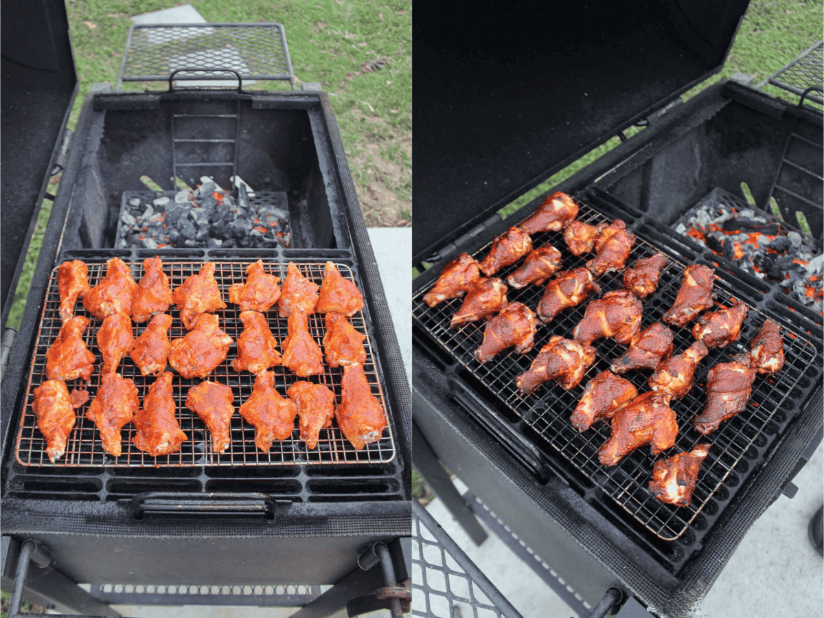 The best wings cook on the grill for about 2 hours until they hit an internal temperature of 175 degrees F.