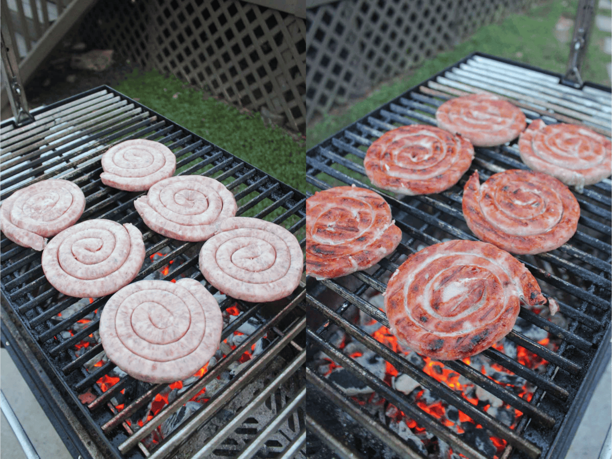 The sausage is cooked on the grill in a spiral so that it looks like a burger patty.