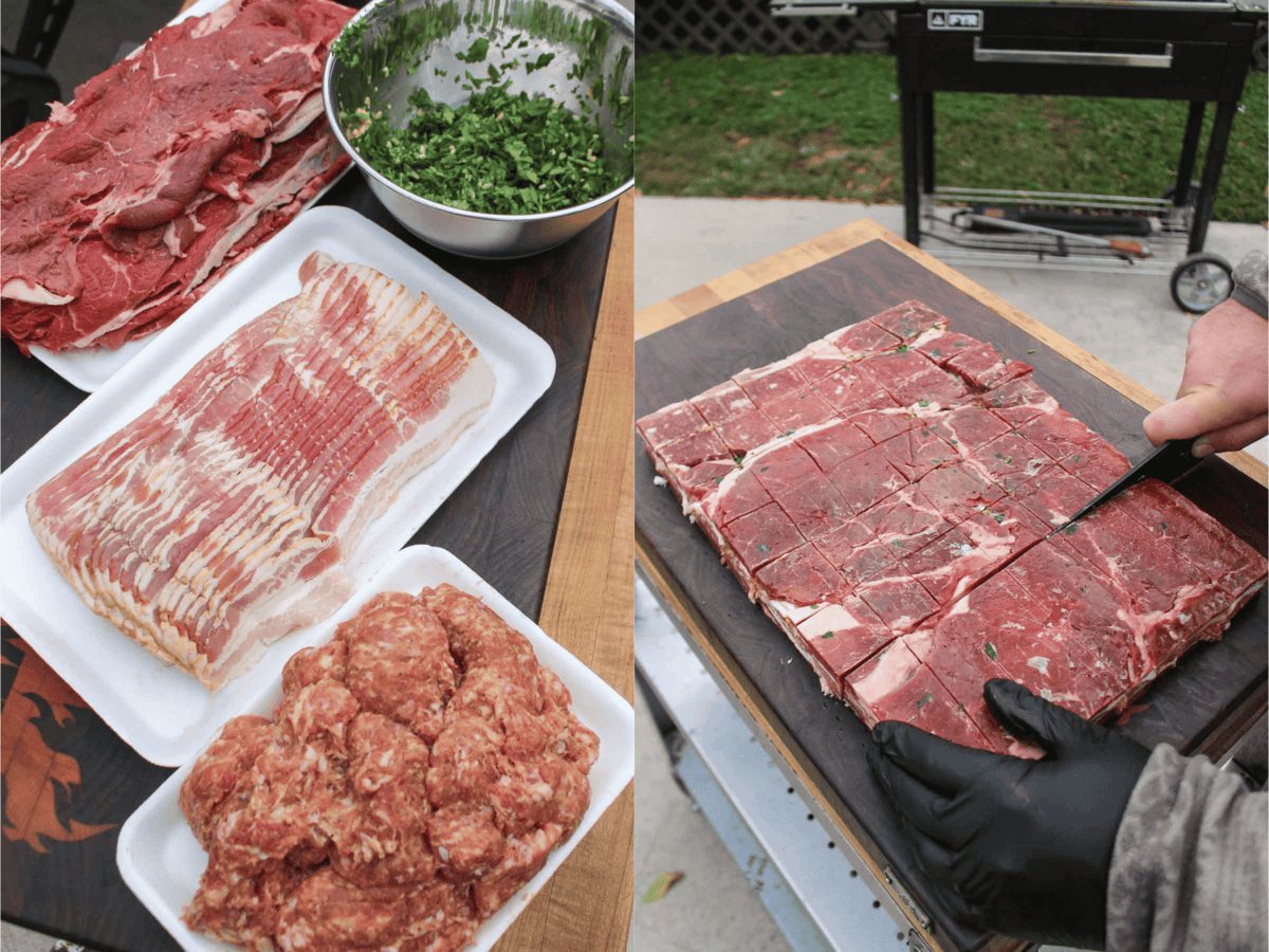 The steak is pounded out thin and then layered with bacon and the best sausage for a carnivore diet dream.