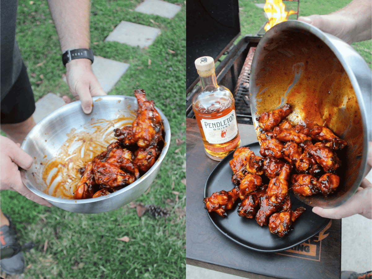 The wings are tossed in the hot BBQ sauce that has maple syrup and whisky in it.