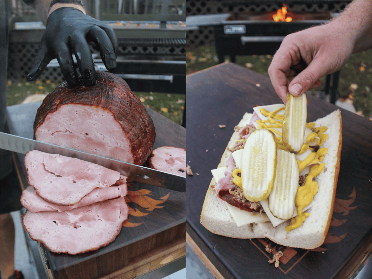 The Compart Duroc Ham is roasted on the grill and then sliced. It is then layered onto the bread along with Swiss cheese, pickles, and mustard.