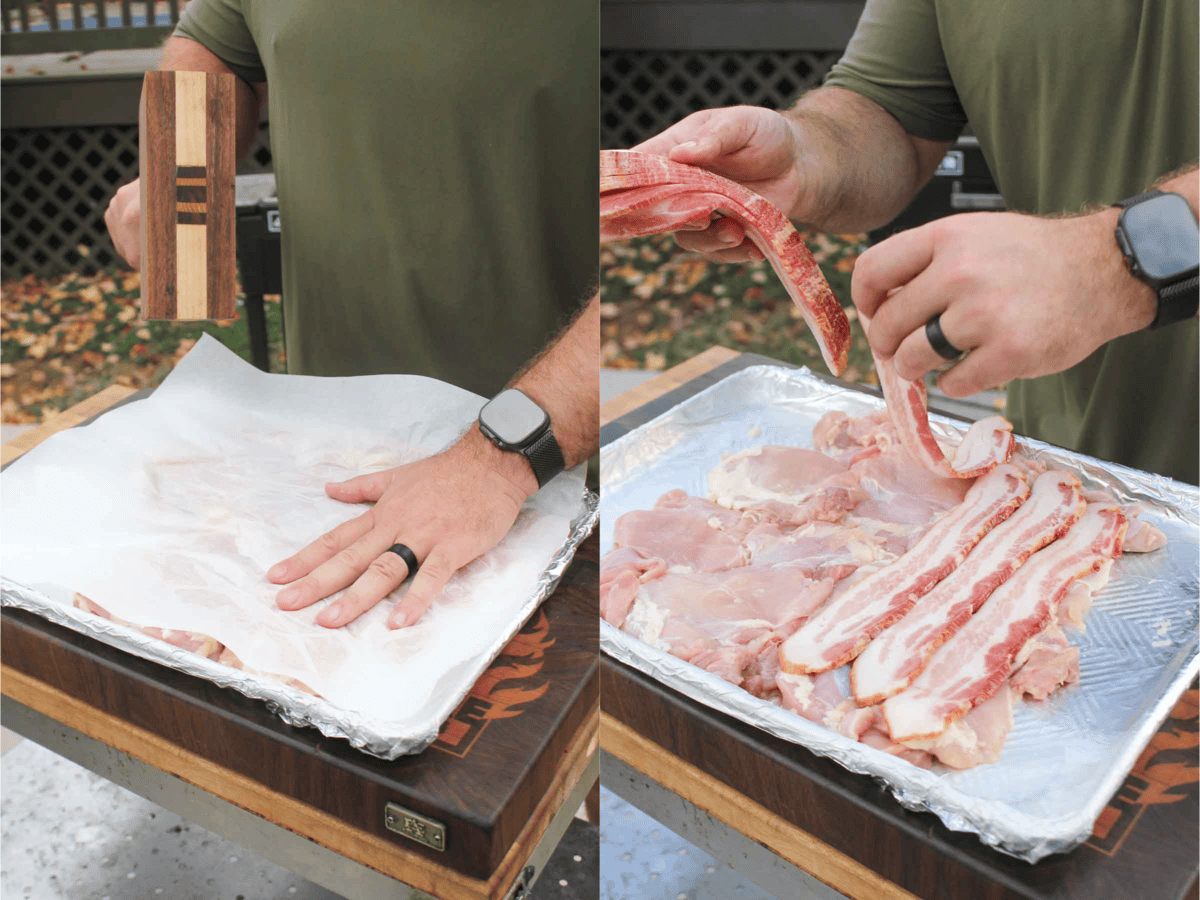 The chicken is prepped using chicken thighs.