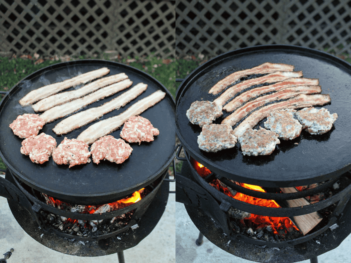 Raw and cooked bacon and sausage on the plancha. 