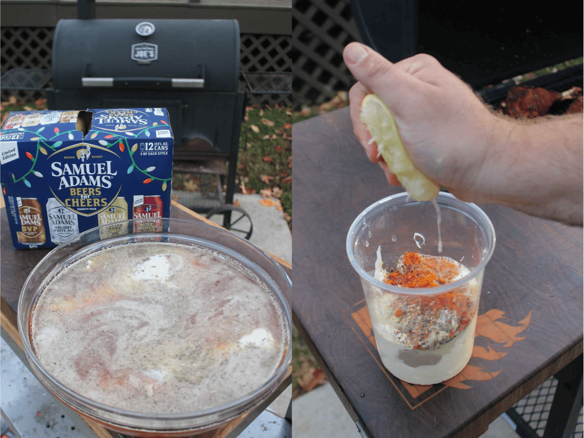 Mixing together the ingredients for the Alabama white sauce next to the brining liquid