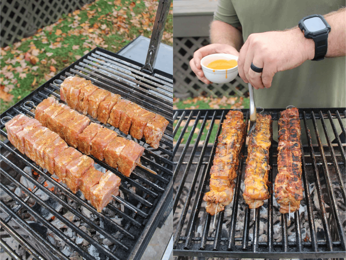 Derek basted the chicken skewers with your Buffalo sauce and a brush.