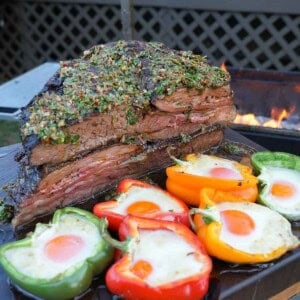 Another view of the steak smothered in the zesty chimichurri sauce that is easy to make with simple ingredients.