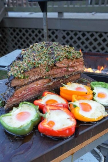 Another view of the steak smothered in the zesty chimichurri sauce that is easy to make with simple ingredients.