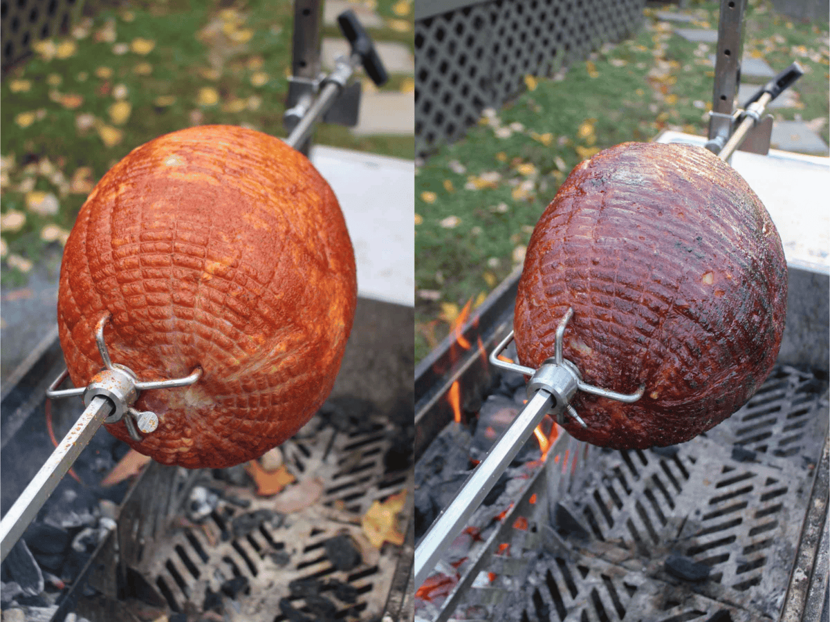 The Compart Duroc Ham seasoned with your favorite BBQ rub cooks on the rotisserie over the fire.