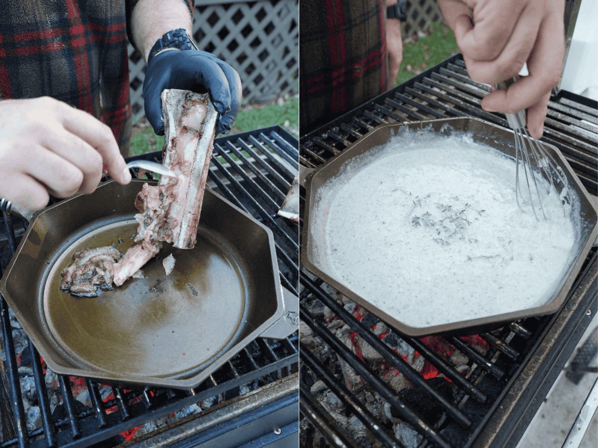 The secret to the delicious gravy is the bone marrow melting off the bone into the white sauce.