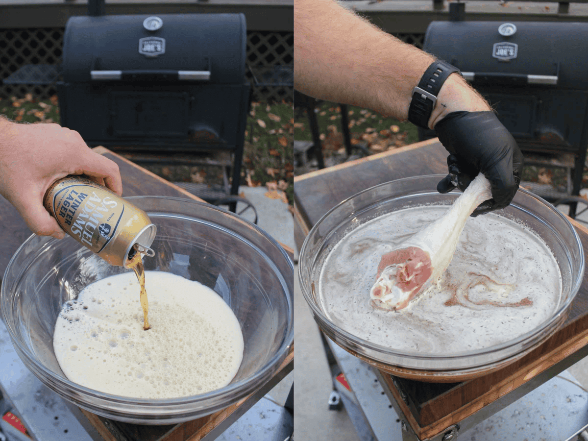 Mixing the beer brine with Samuel Adams Winter Lager and adding bone-in turkey legs to the mixture