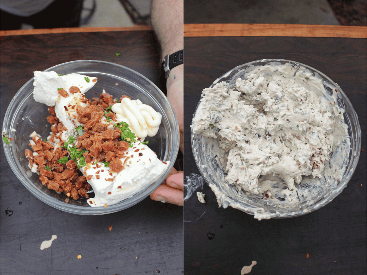 Mixing together the cream cheese filling with bacon bits, mustard, parsley and red chili flakes, next to a photo of all the ingredients mixed together