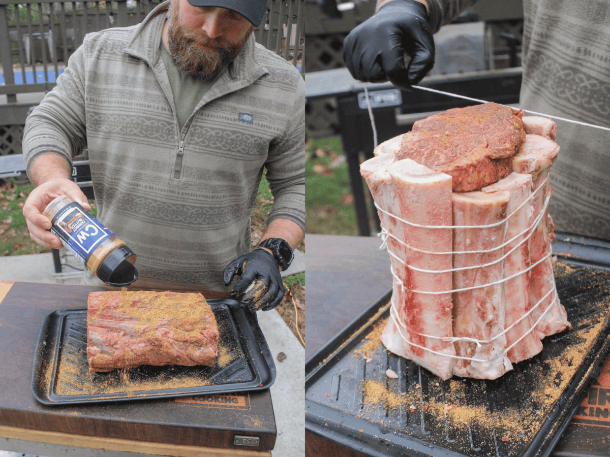 The prime rib cut of meat is prepped with seasonings and assembled with twine so that the bones add buttery flavor to the meat.