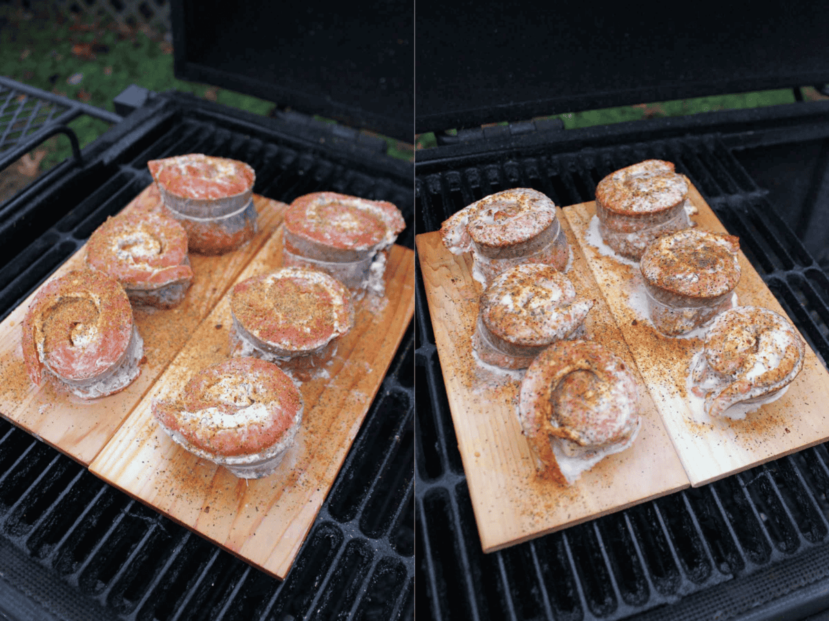 Raw and smoked salmon pinwheels side by side in the smoker