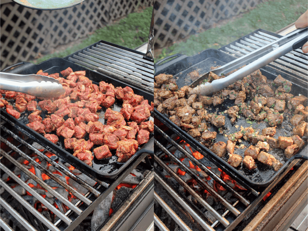 Raw and cooked steak bites on the grill. 