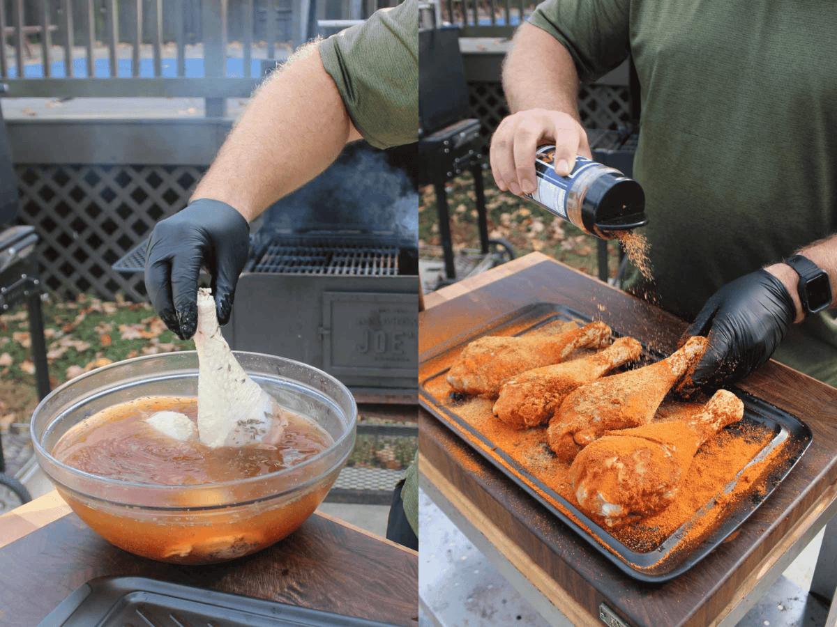 Removing the turkey legs from the brine and seasoning with BBQ rub