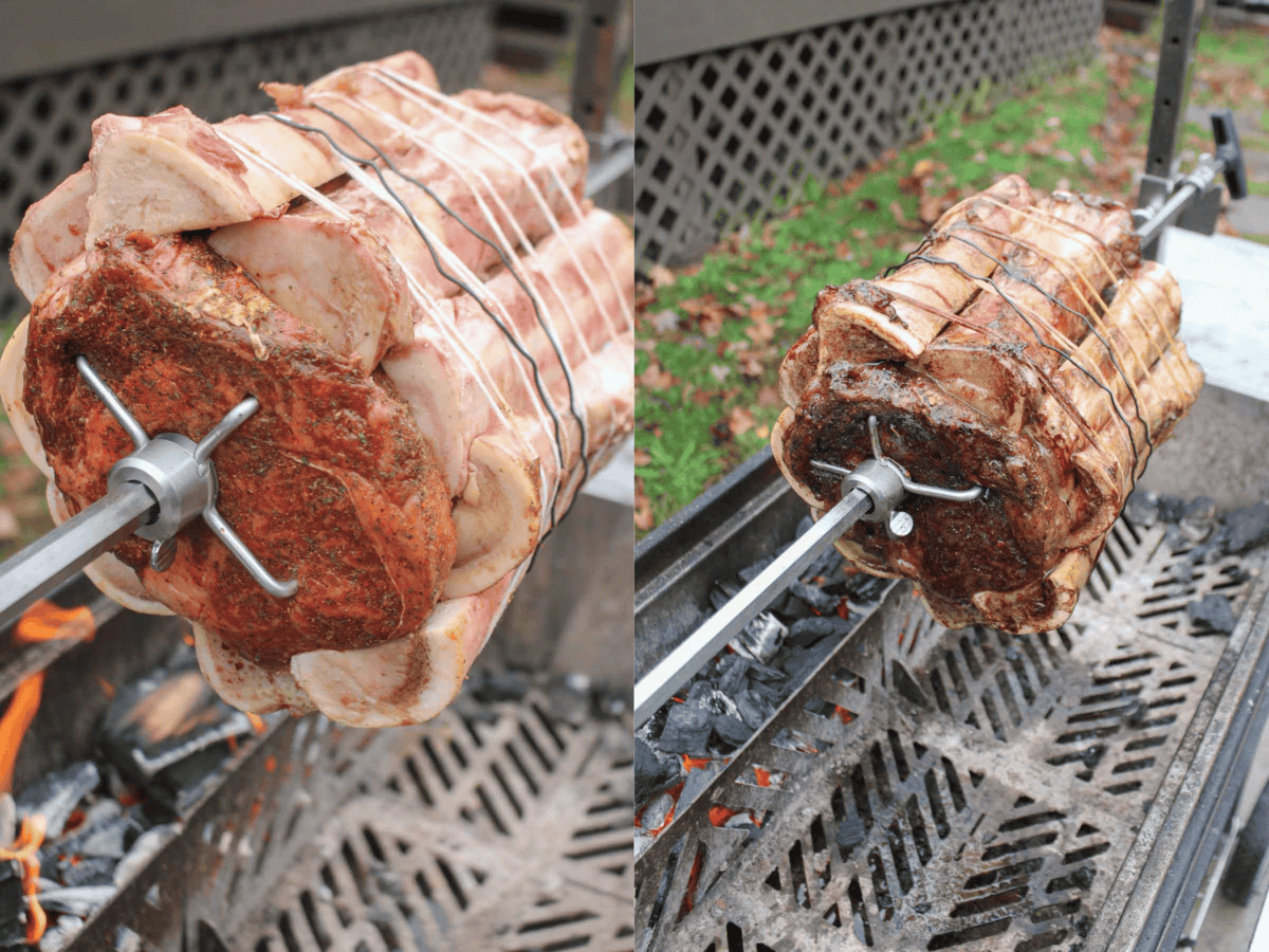 The Prime Rib is surrounded by bones and bundled in twine before rotating over the spit.