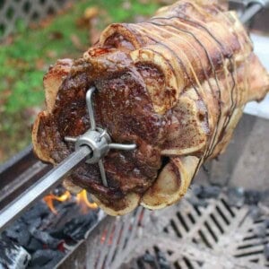 The prime rib turns a dark beautiful brown after roasting over the fire.