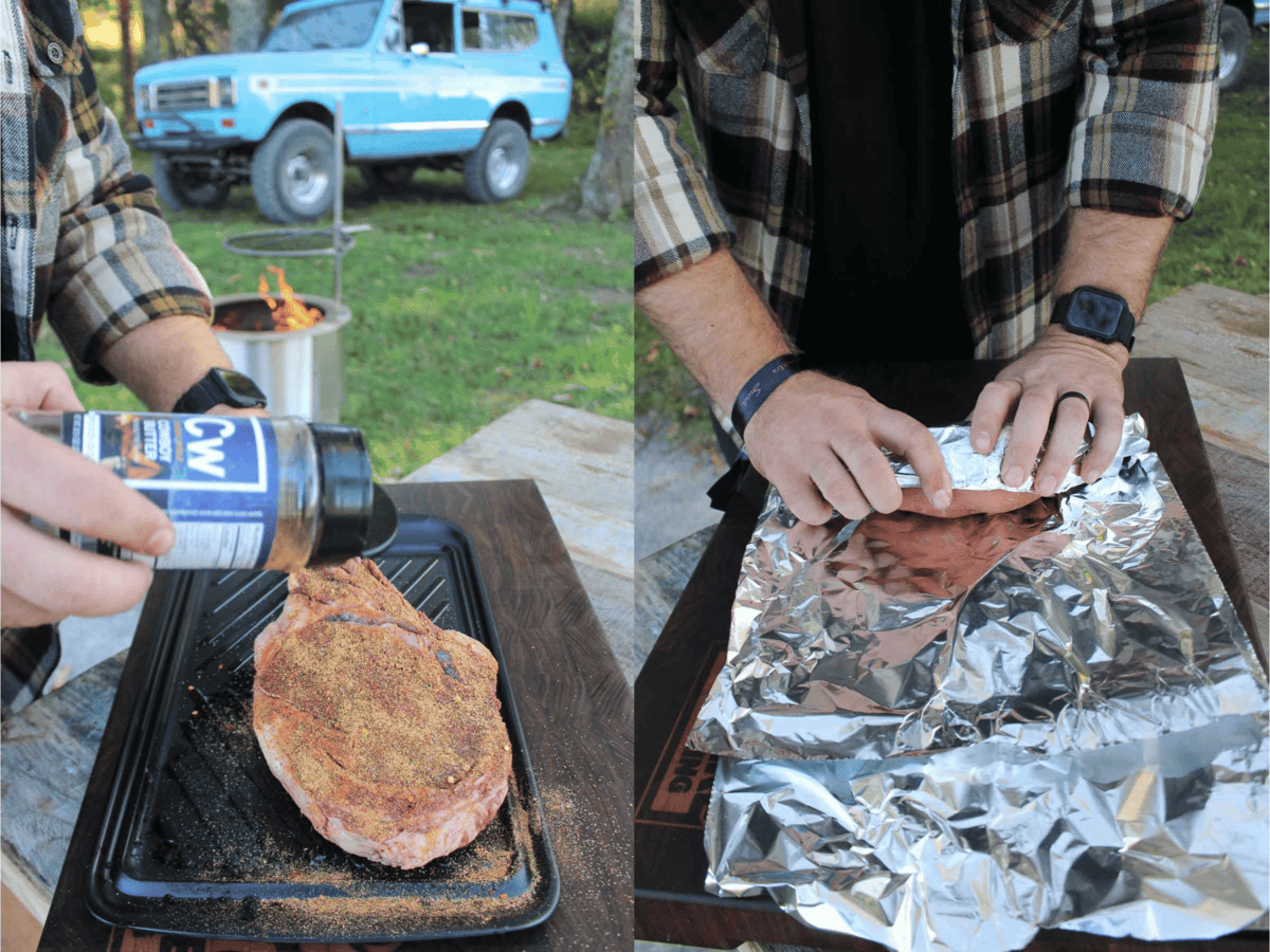 The meat and sweet potatoes are prepared for cooking by Derek Wolf from Over the Fire Cooking.