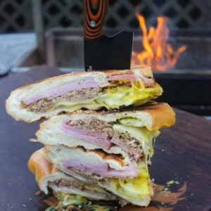 The Grilled Cuban Sandwiches are sliced in half and ready to eat!